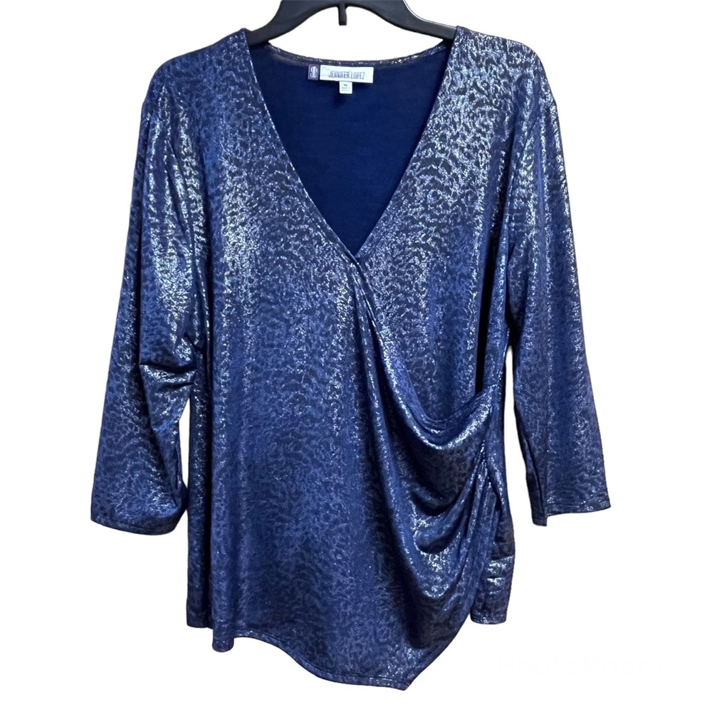 Jennifer Lopez Women’s XL Blouse Shimmer Blue/black 3/4 Sleeve